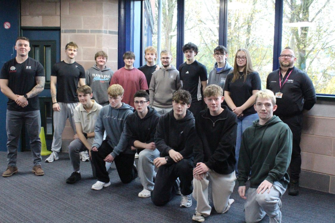 (Back L-R) Jack Chism, Nathan Baxter, Will Fisher, Gavin Cowan, Adam Hutchinson, Adam Hewitt, Ben Ritchie, Deimante Kaluinaite, with James Gillen, Course Coordinator. (Front L-R) Guest speaker, Matthew McMahon, with students, Joey Leathem, Noah Bennett, Cole Livingstone, Correy Tanner, Ollie Donaghy and Jake Sheppard.